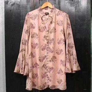 LULUS Disco Boho Mauve Multi Print Flounce Sleeve Button-Front Dress Medium